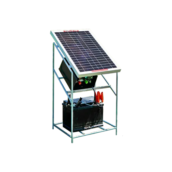 Cheetah 20W solar panel on galvanised steel stand with power regulator, clips and clamps