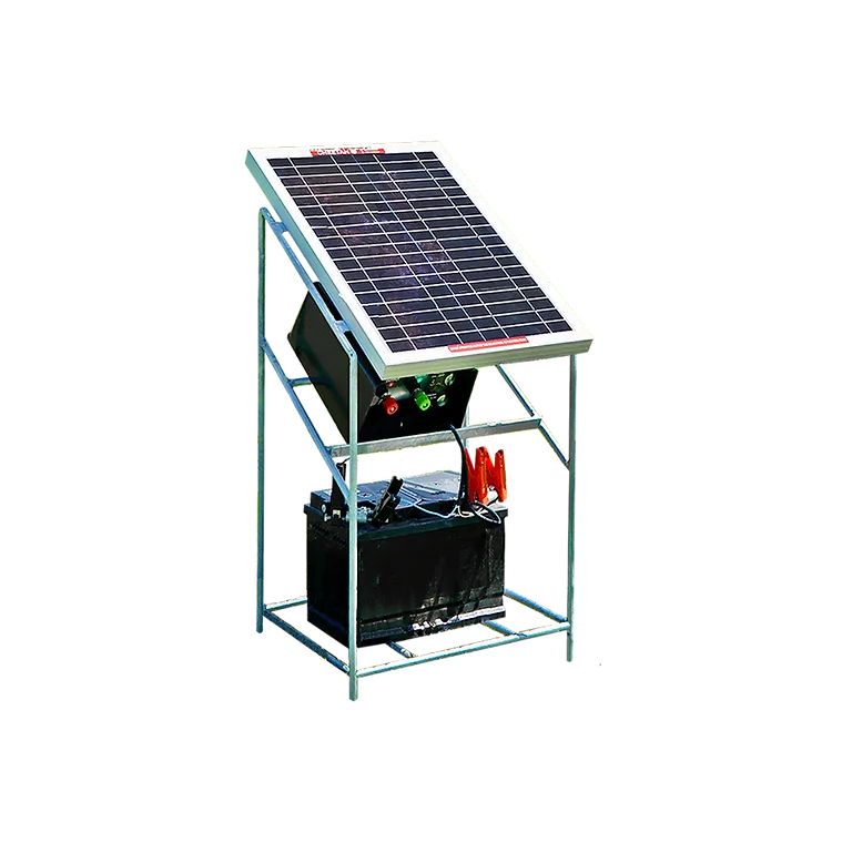 Cheetah 20W solar panel on galvanised steel stand with power regulator, clips and clamps